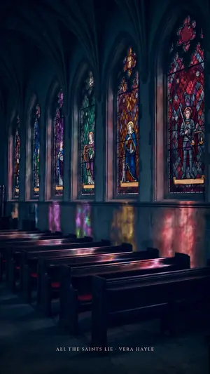 A row of stained-glass saints in a dark gothic chapel, coloured light on the pews