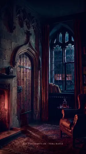 A dim study with red velvet curtains, a gothic window and a leather armchair